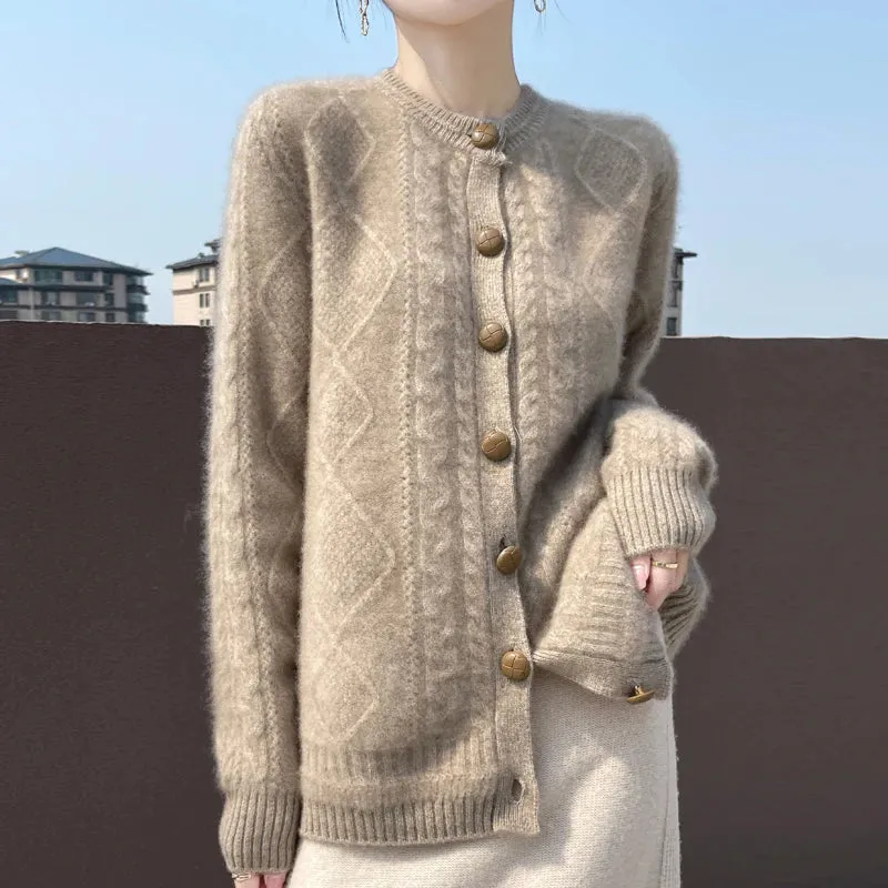 1pc Autumn Winter New Thick Sweater For Women 100% Merino Wool Cardigan O-Neck Long Sleeve Twist Flower Warm Cashmere Knitwear Tops