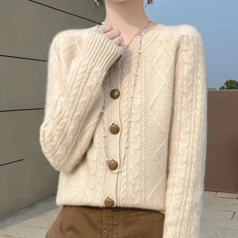 1pc Autumn Winter New Thick Sweater For Women 100% Merino Wool Cardigan O-Neck Long Sleeve Twist Flower Warm Cashmere Knitwear Tops