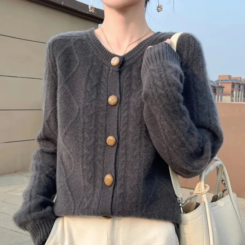 1pc Autumn Winter New Thick Sweater For Women 100% Merino Wool Cardigan O-Neck Long Sleeve Twist Flower Warm Cashmere Knitwear Tops