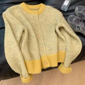 1pc Single-breasted Cardigan Long Sleeve Patchwork Knitted Sweater O-Neck Casual Warm Coat Office Outerwear Autumn Winter