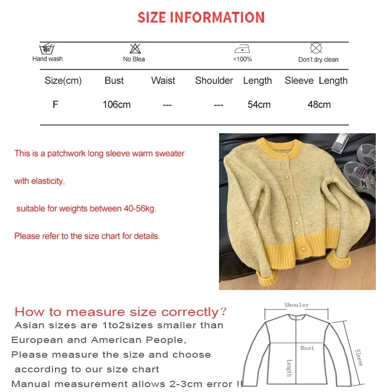 1pc Single-breasted Cardigan Long Sleeve Patchwork Knitted Sweater O-Neck Casual Warm Coat Office Outerwear Autumn Winter