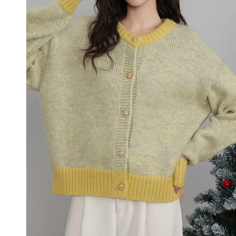 1pc Single-breasted Cardigan Long Sleeve Patchwork Knitted Sweater O-Neck Casual Warm Coat Office Outerwear Autumn Winter