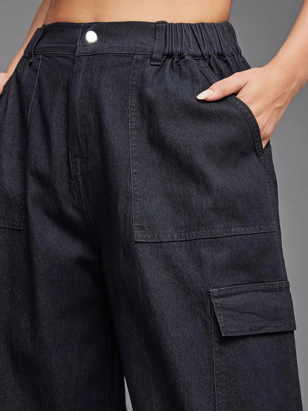 24/7 comfort Black High Rise Stretchable Light Weight Cotton Blend Denim Parachute Pants