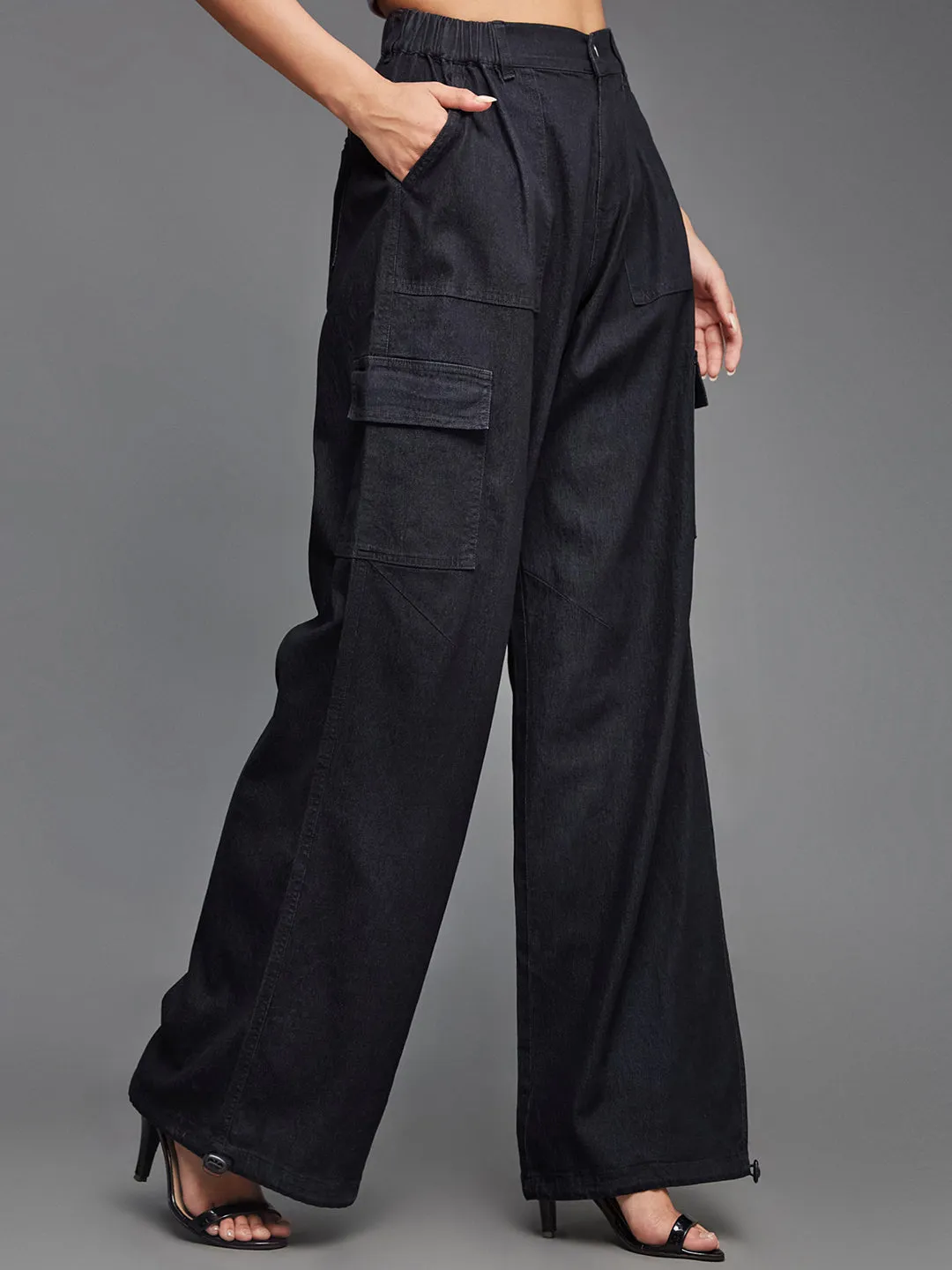 24/7 comfort Black High Rise Stretchable Light Weight Cotton Blend Denim Parachute Pants