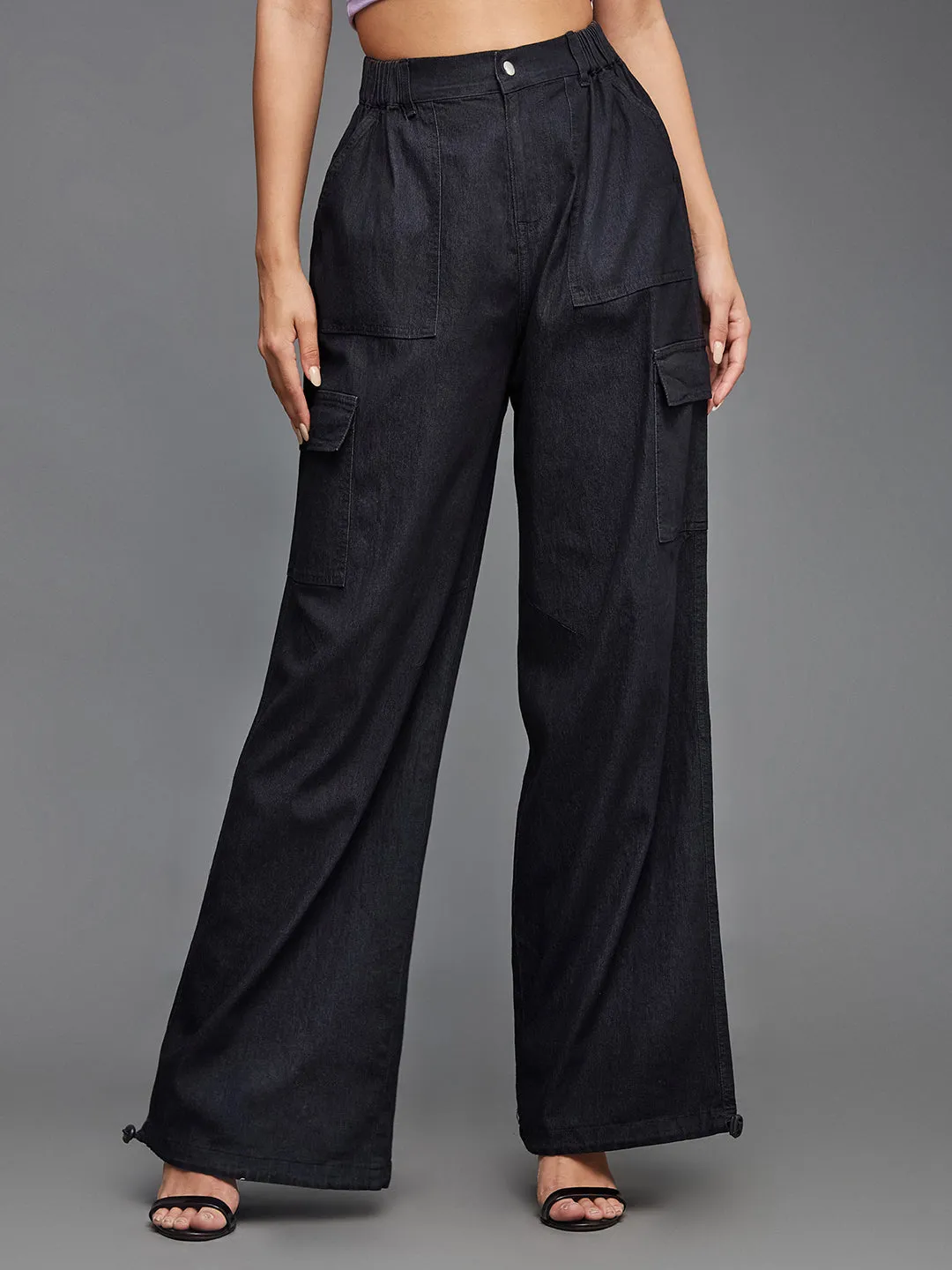 24/7 comfort Black High Rise Stretchable Light Weight Cotton Blend Denim Parachute Pants