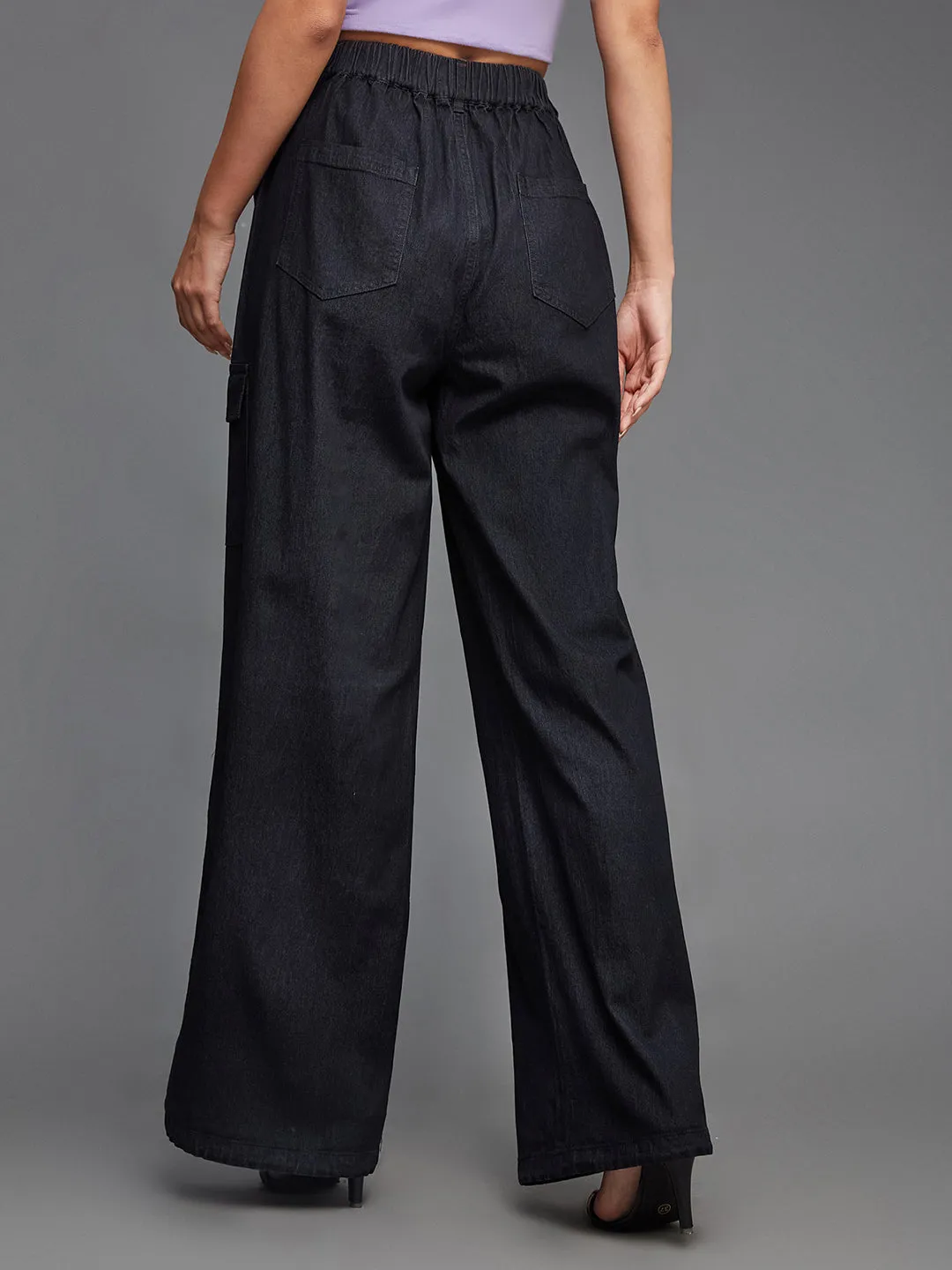 24/7 comfort Black High Rise Stretchable Light Weight Cotton Blend Denim Parachute Pants