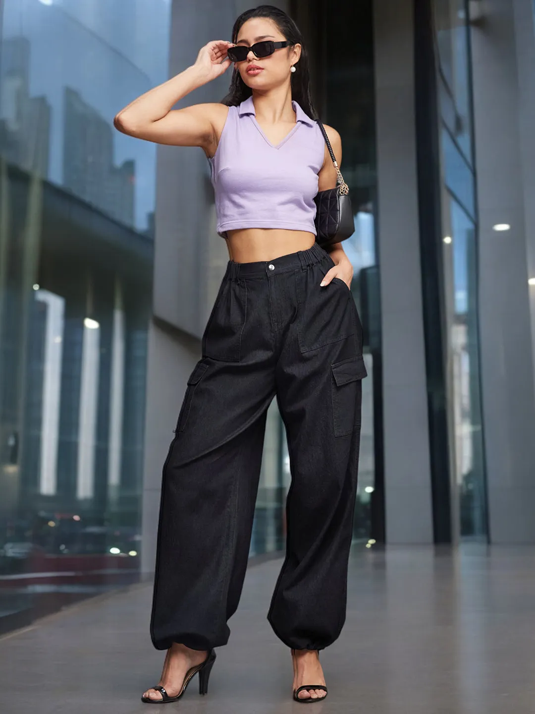 24/7 comfort Black High Rise Stretchable Light Weight Cotton Blend Denim Parachute Pants