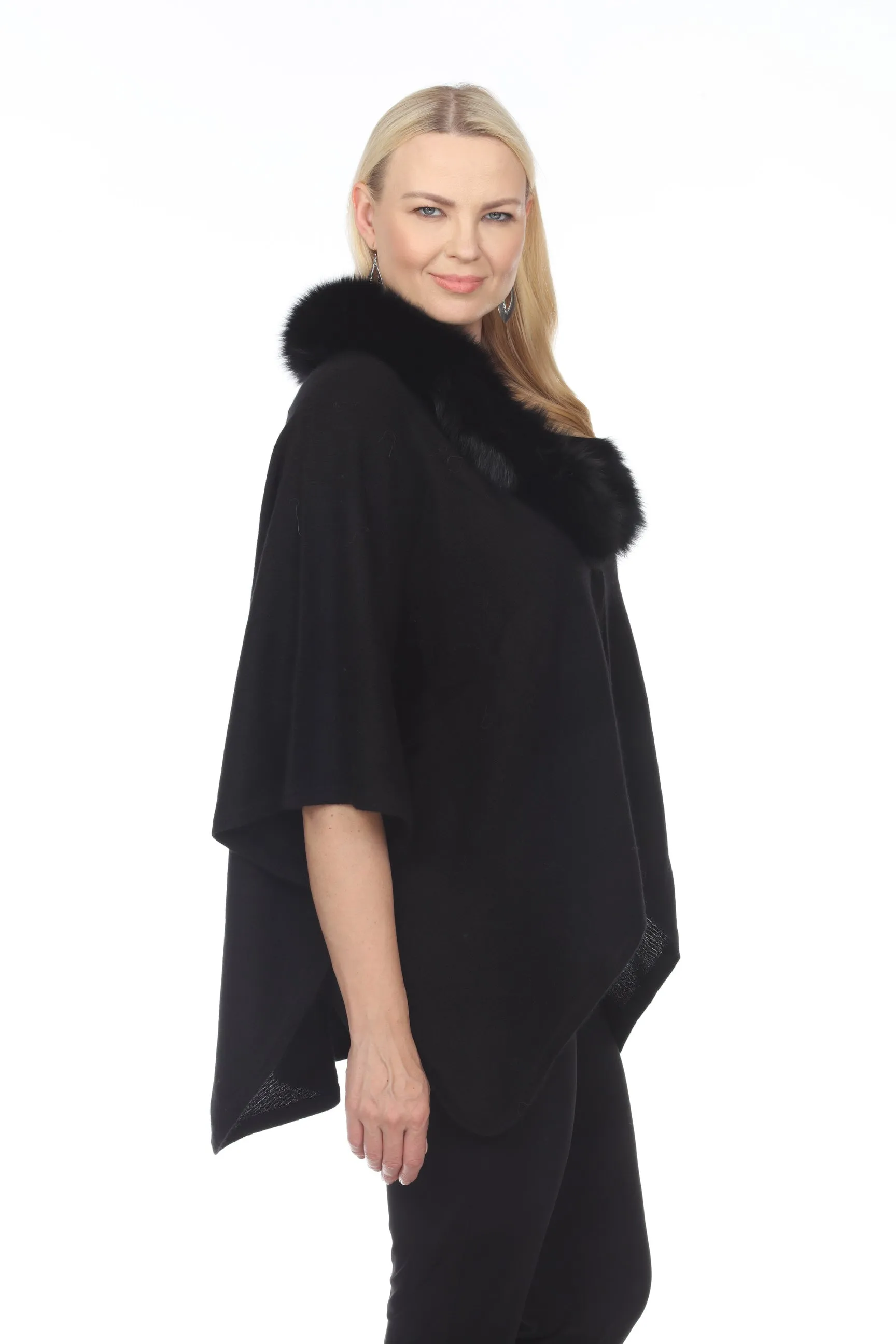 Alashan Luxe 100% Cashmere Gala Fox Trim Ruana LX3003