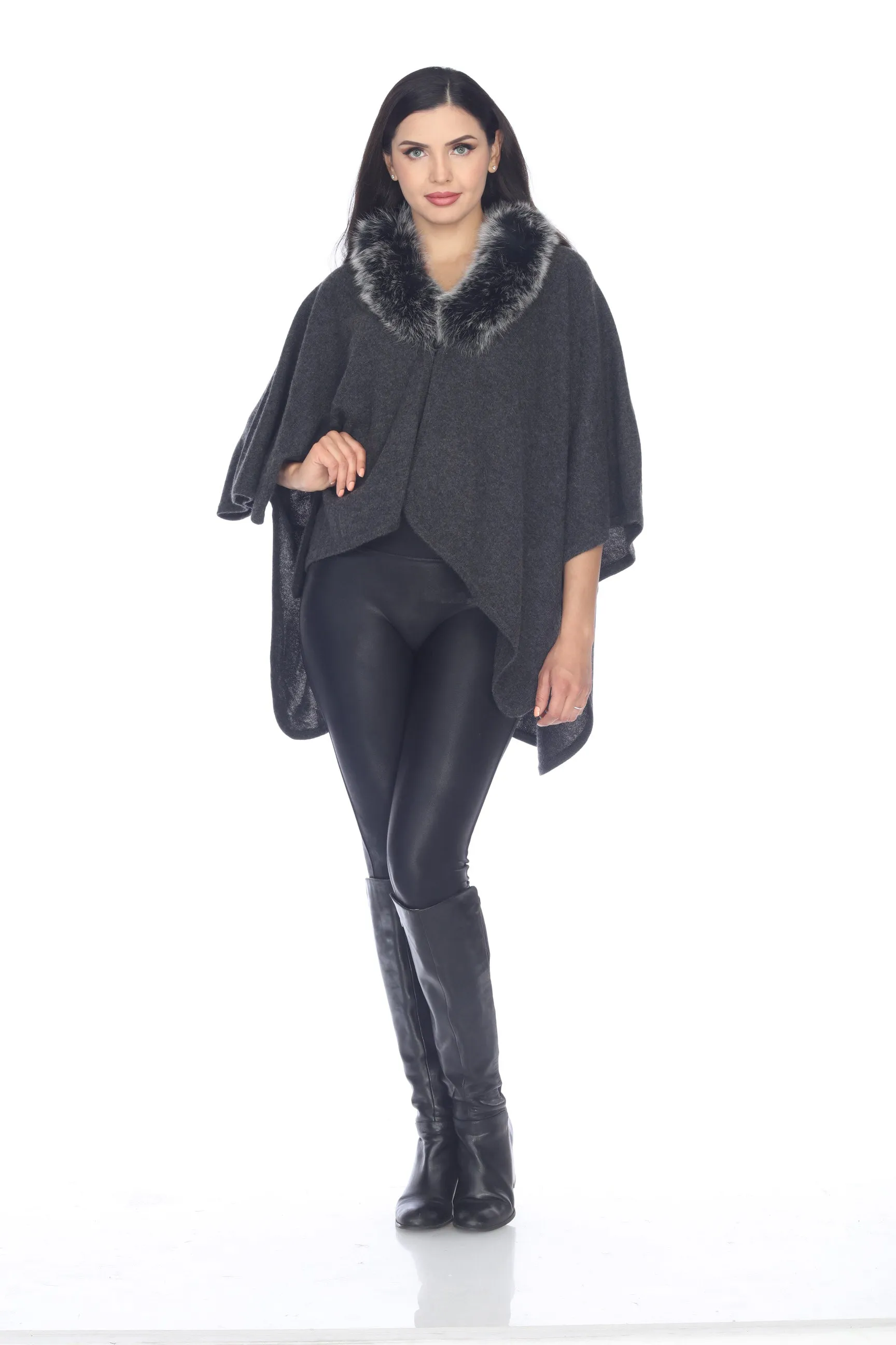 Alashan Luxe 100% Cashmere Gala Fox Trim Ruana LX3003