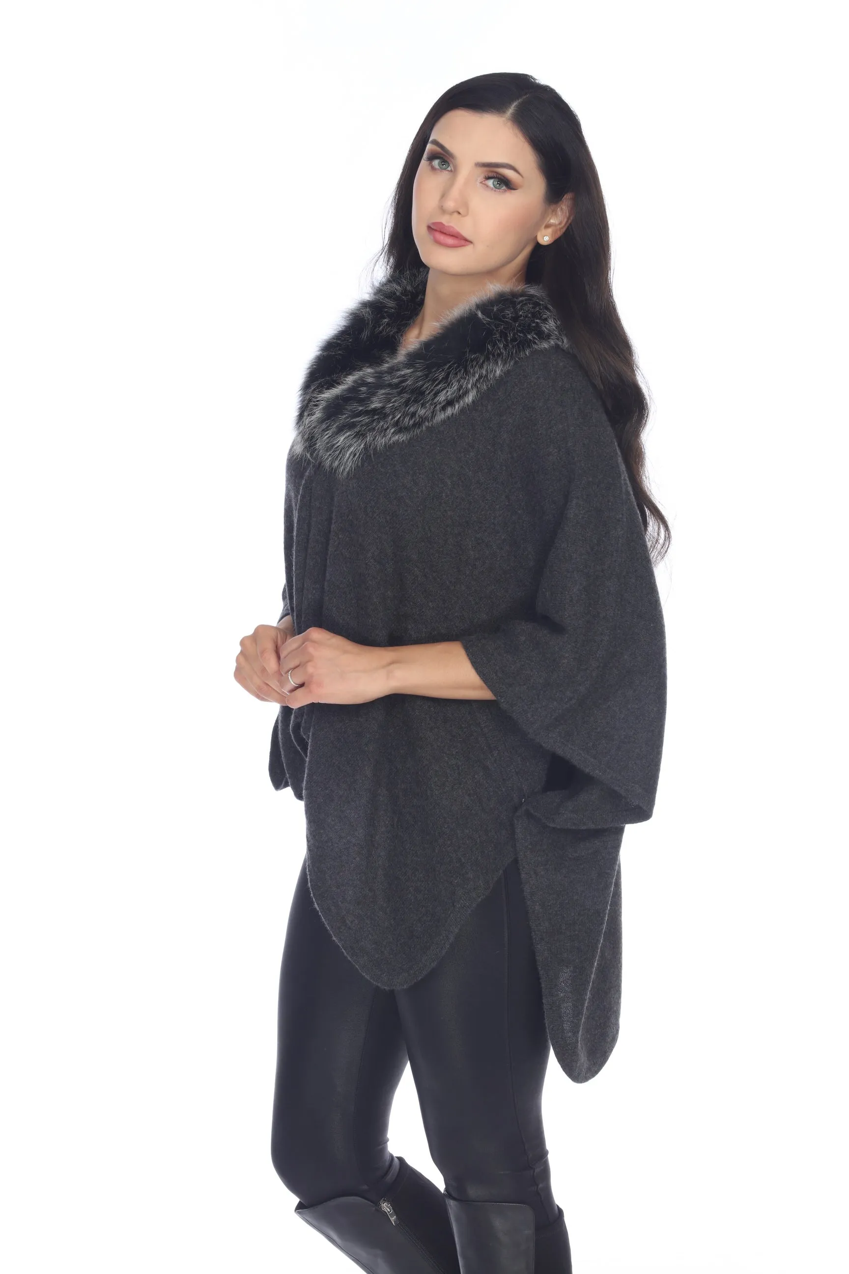 Alashan Luxe 100% Cashmere Gala Fox Trim Ruana LX3003