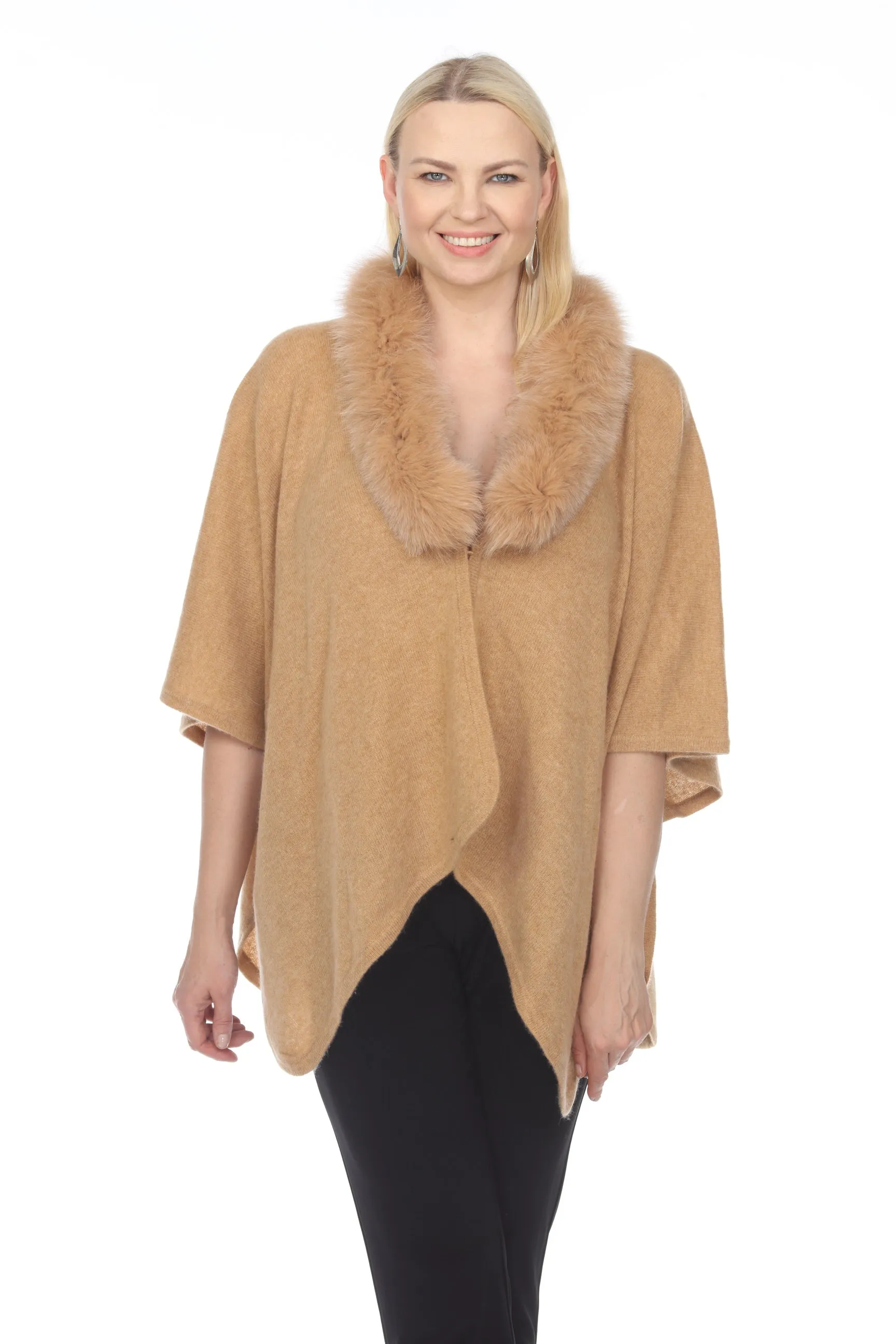 Alashan Luxe 100% Cashmere Gala Fox Trim Ruana LX3003