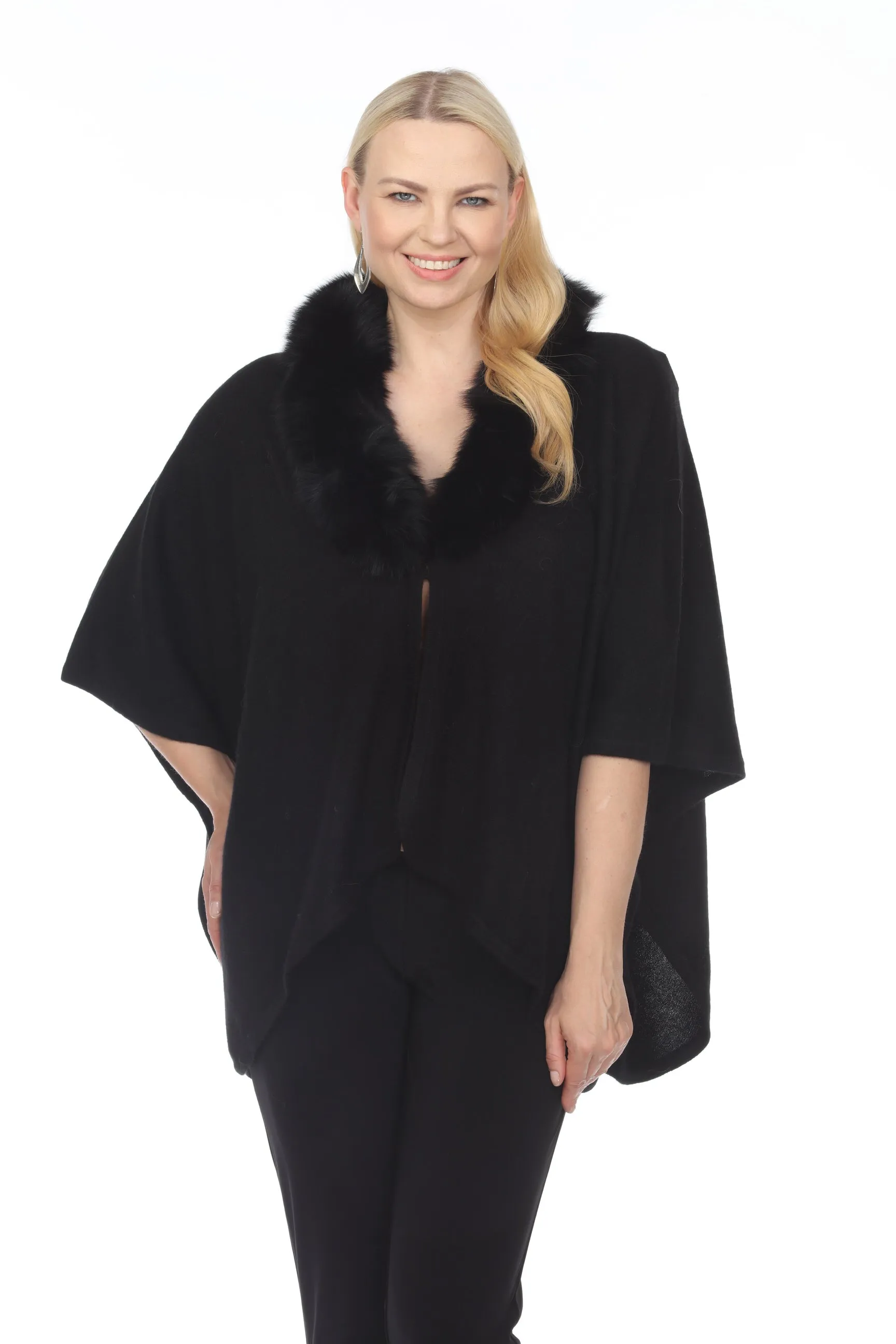 Alashan Luxe 100% Cashmere Gala Fox Trim Ruana LX3003