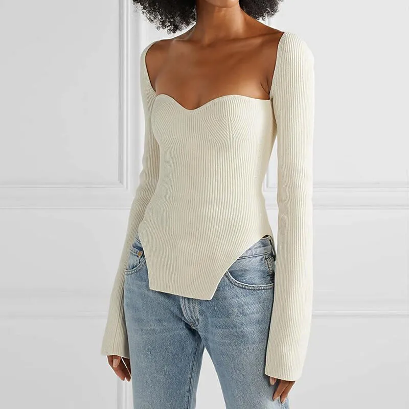 Asymmetric Sweetheart Side Slit Flare Sleeve Ribbed Knit Sweater