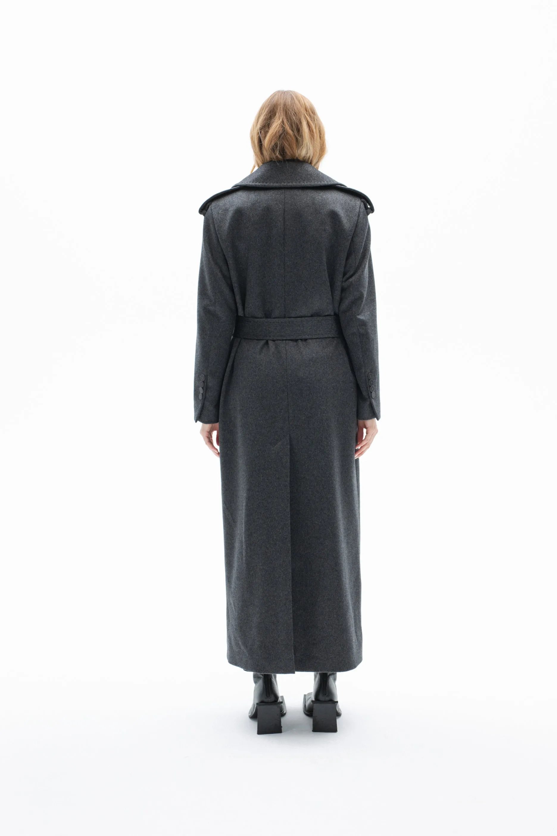 BELTED LONG WOOL COAT IN GREY