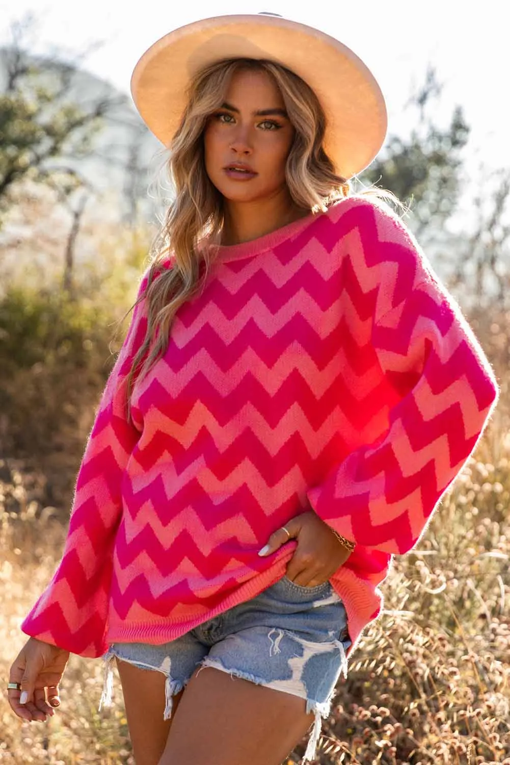 Bi-color Zigzag Lantern Sleeve Knit Sweater