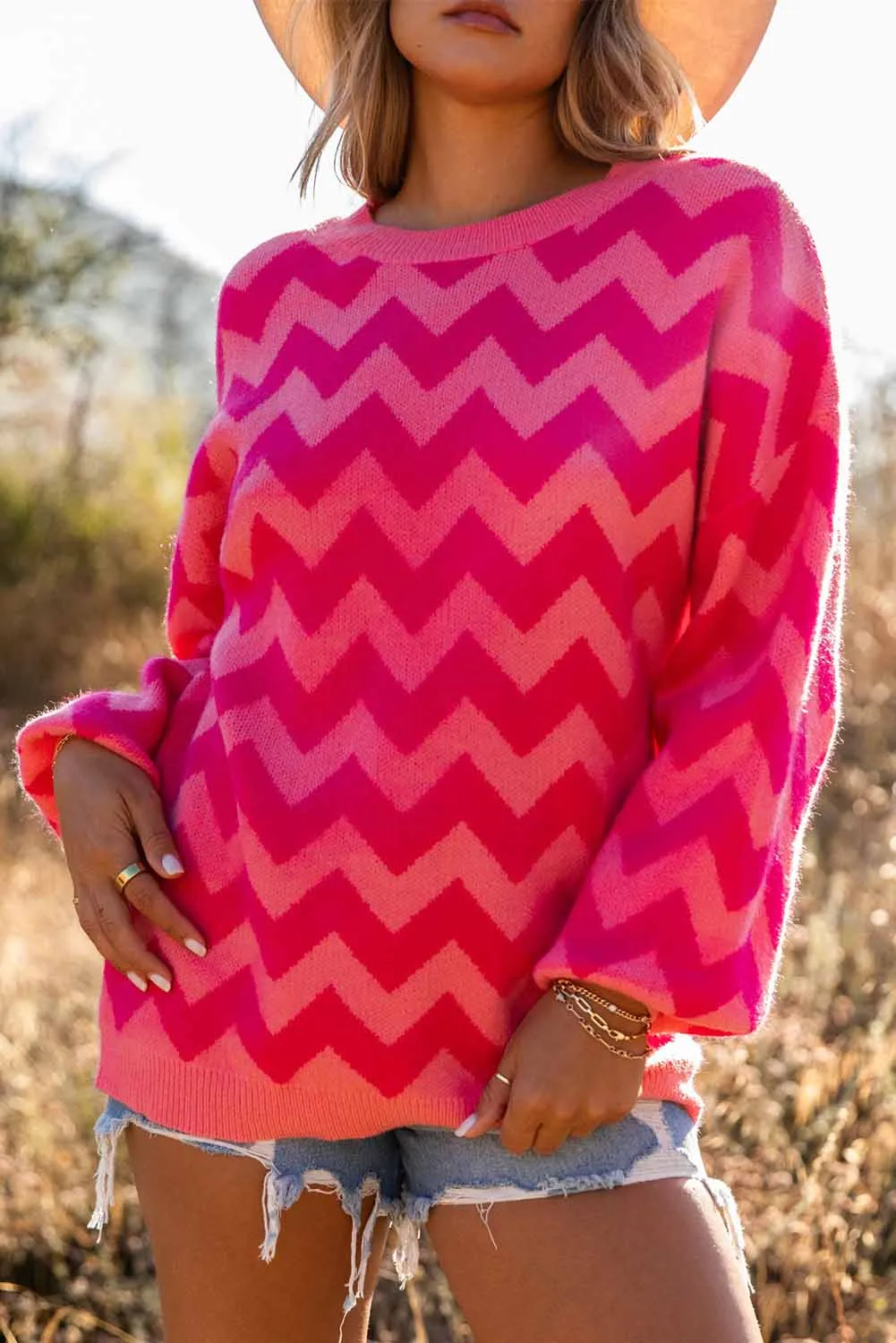 Bi-color Zigzag Lantern Sleeve Knit Sweater