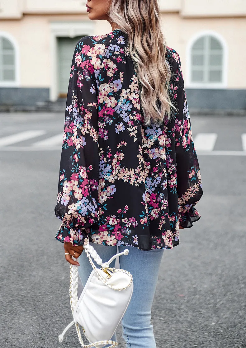 Black Floral Print V-Neck Long-Sleeved Loose Shirt Top