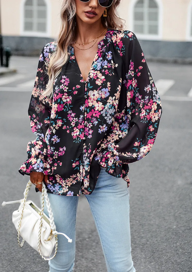 Black Floral Print V-Neck Long-Sleeved Loose Shirt Top