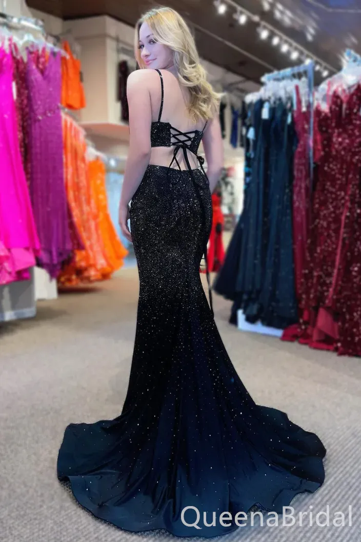 Black Sparkle Spaghetti Straps Lace Up Back Evening Gown Maxi Long Formal Dresses Prom Dresses with High Slit,WGP952