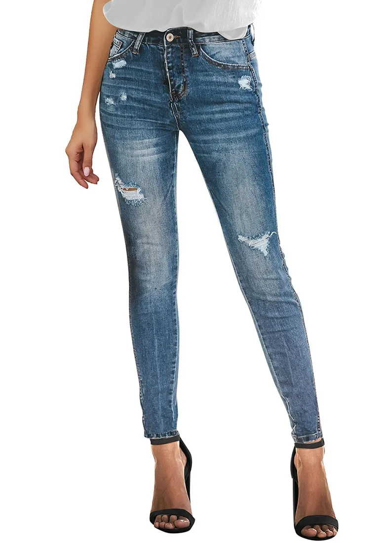 Blue High-Rise Ripped Skinny Denim Jeans