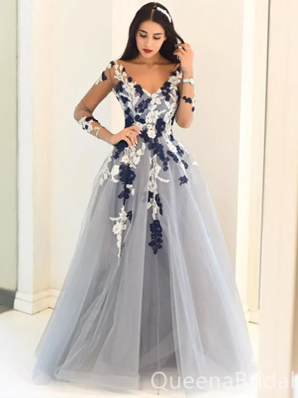 Blue Lace Appliques V Neck Long Sleeves Evening Gown Maxi Long Evening Party Prom Dresses,WGP1225