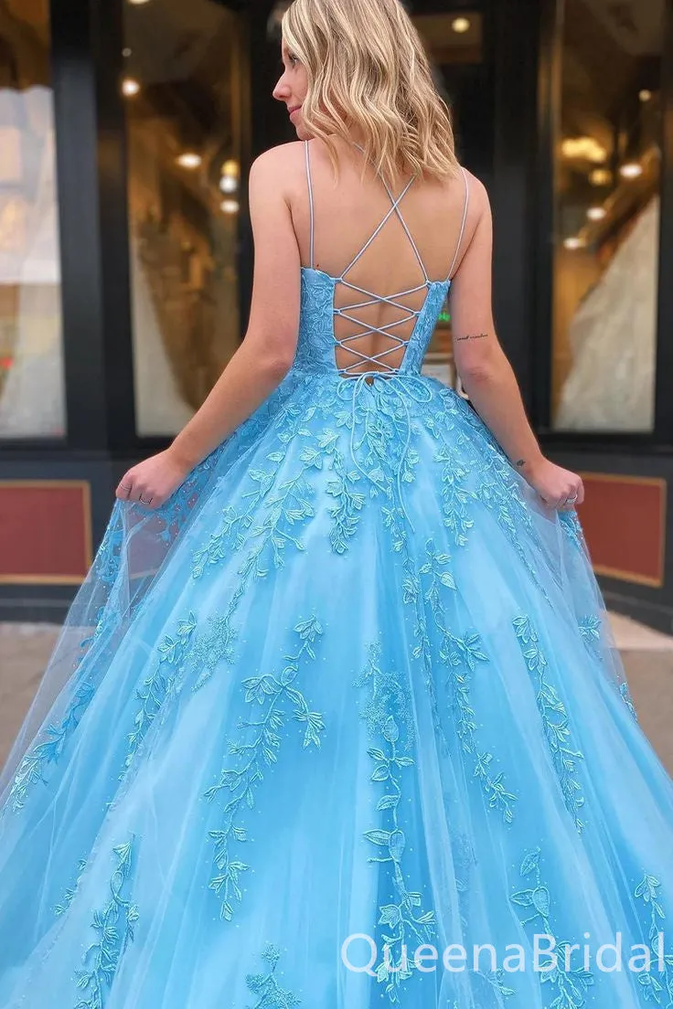 Blue Spaghetti Straps A-line Lace Appliques Long Prom Dresses to Impress ,WGP1346