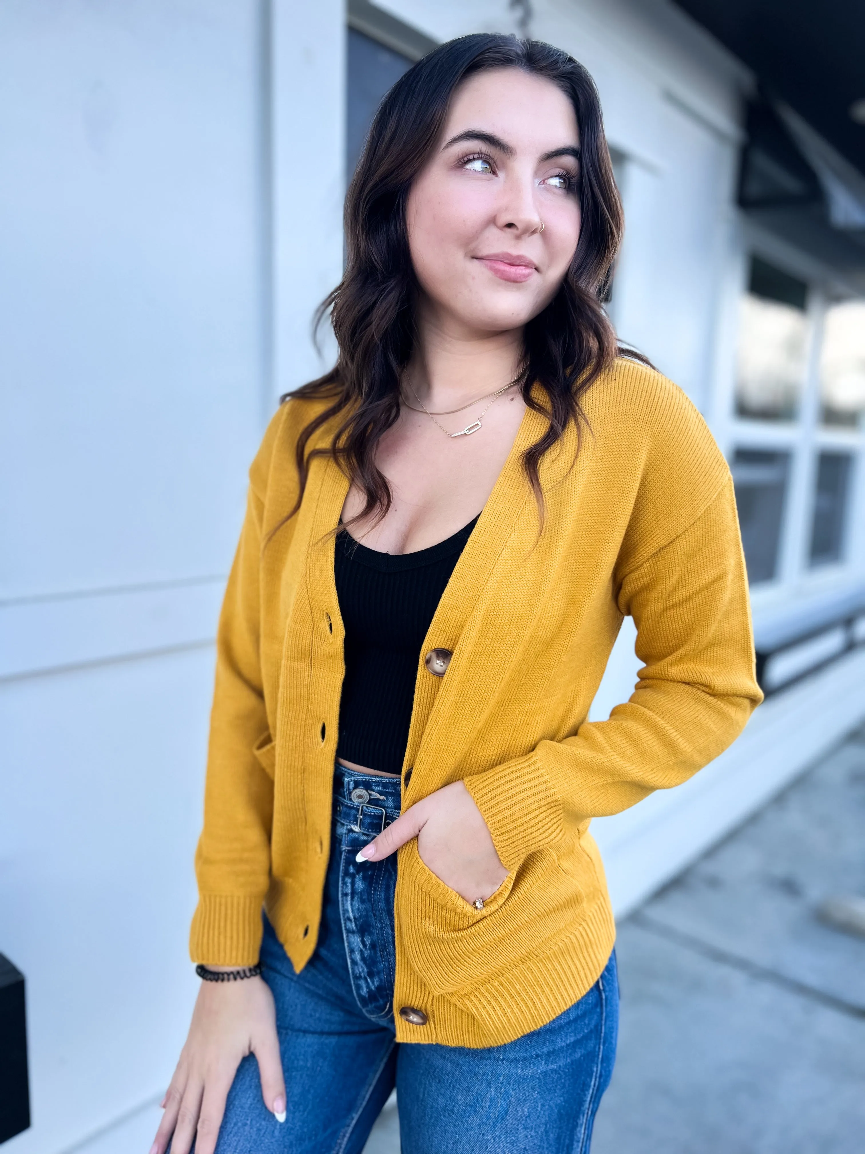 Cameron Button Down Recycled Yarn Cardigan- Marigold