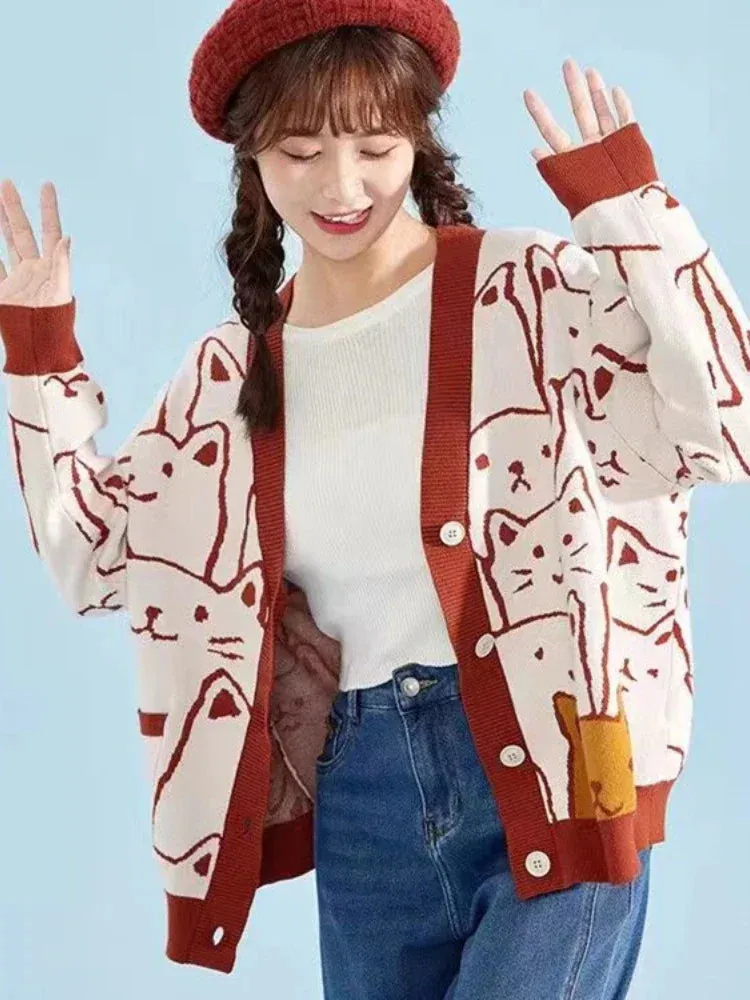 Cartoon Cat knitted cardigans Jumper Autumn Winter Womens Harajuku Sweater coat O-Neck Long Sleeve cardigan