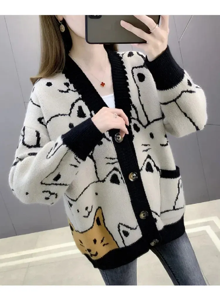 Cartoon Cat knitted cardigans Jumper Autumn Winter Womens Harajuku Sweater coat O-Neck Long Sleeve cardigan