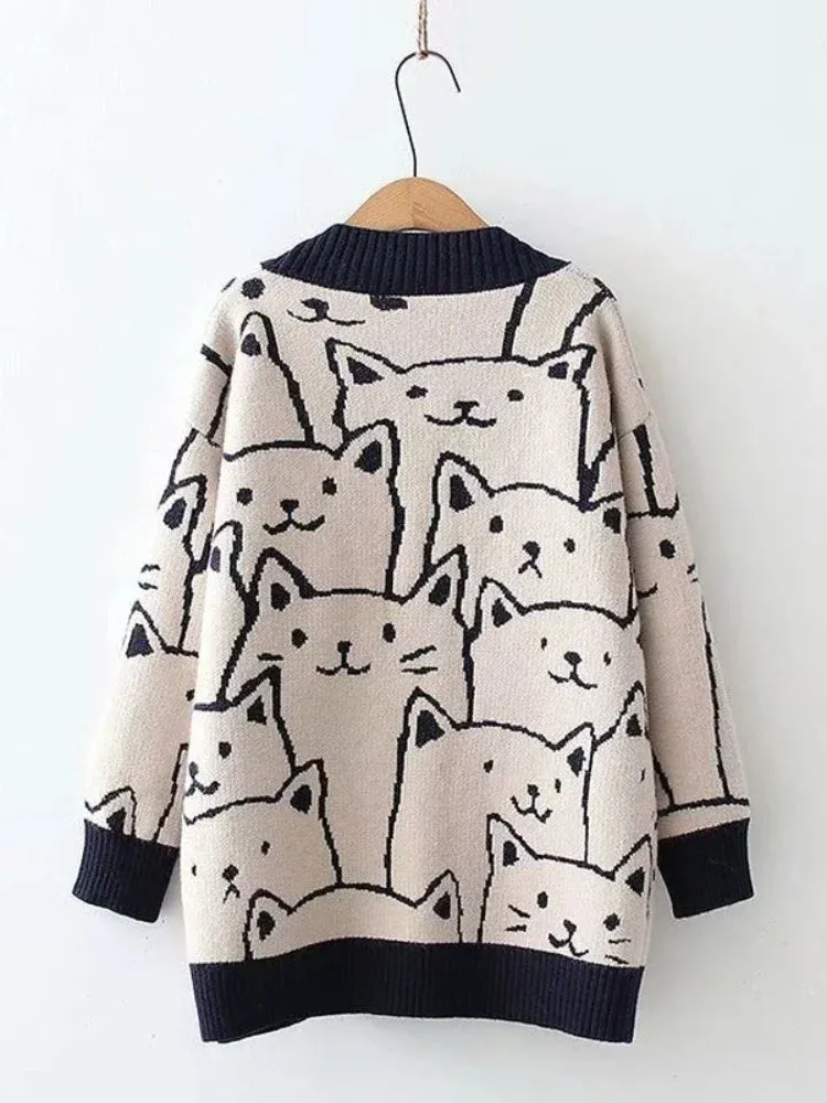 Cartoon Cat knitted cardigans Jumper Autumn Winter Womens Harajuku Sweater coat O-Neck Long Sleeve cardigan