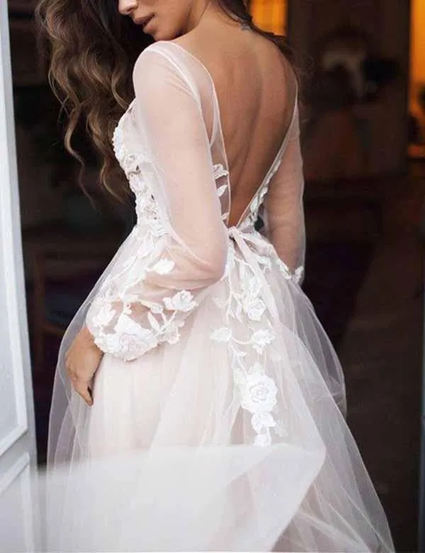 Charming A Line Long Sleeves Ivory Tulle Evening Dresses,Cheap Prom Dresses,PDY0569