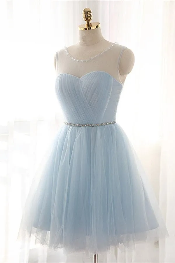 Charming Baby Blue Simple Tulle Beaded Short Homecoming Dress K203