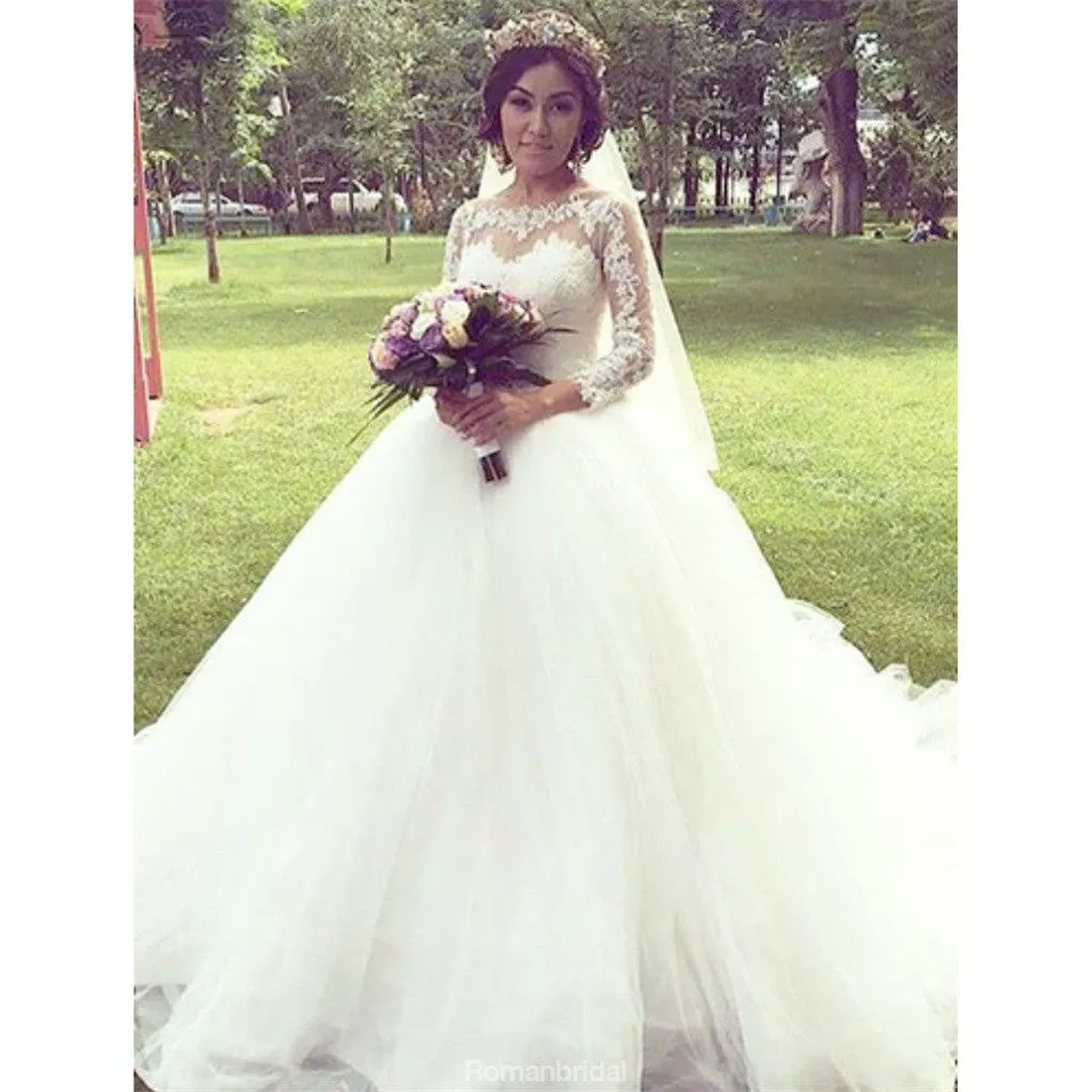 Charming Lace Long Sleeves Princess Ball Gown, Wedding Dresses With Train, WD0408