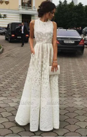 Charming Long Satin white Print Prom Dresses