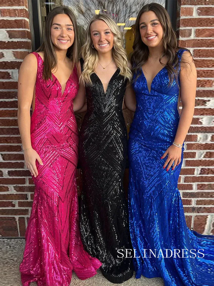 Charming Mermaid V Neck Sparkly Sequins Long Prom Dress lpk537