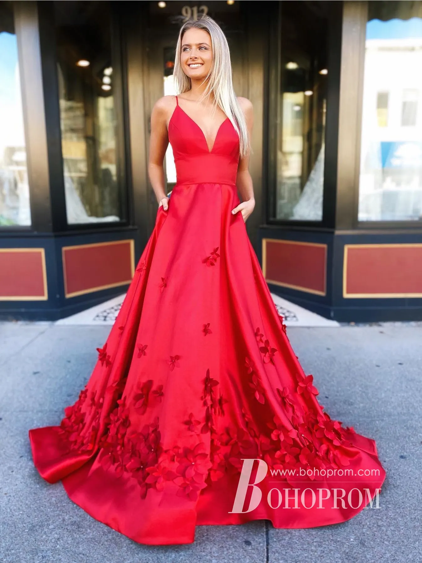 Charming Spaghetti Straps 3D Appliques A-line Satin Long Prom Dresses PD828