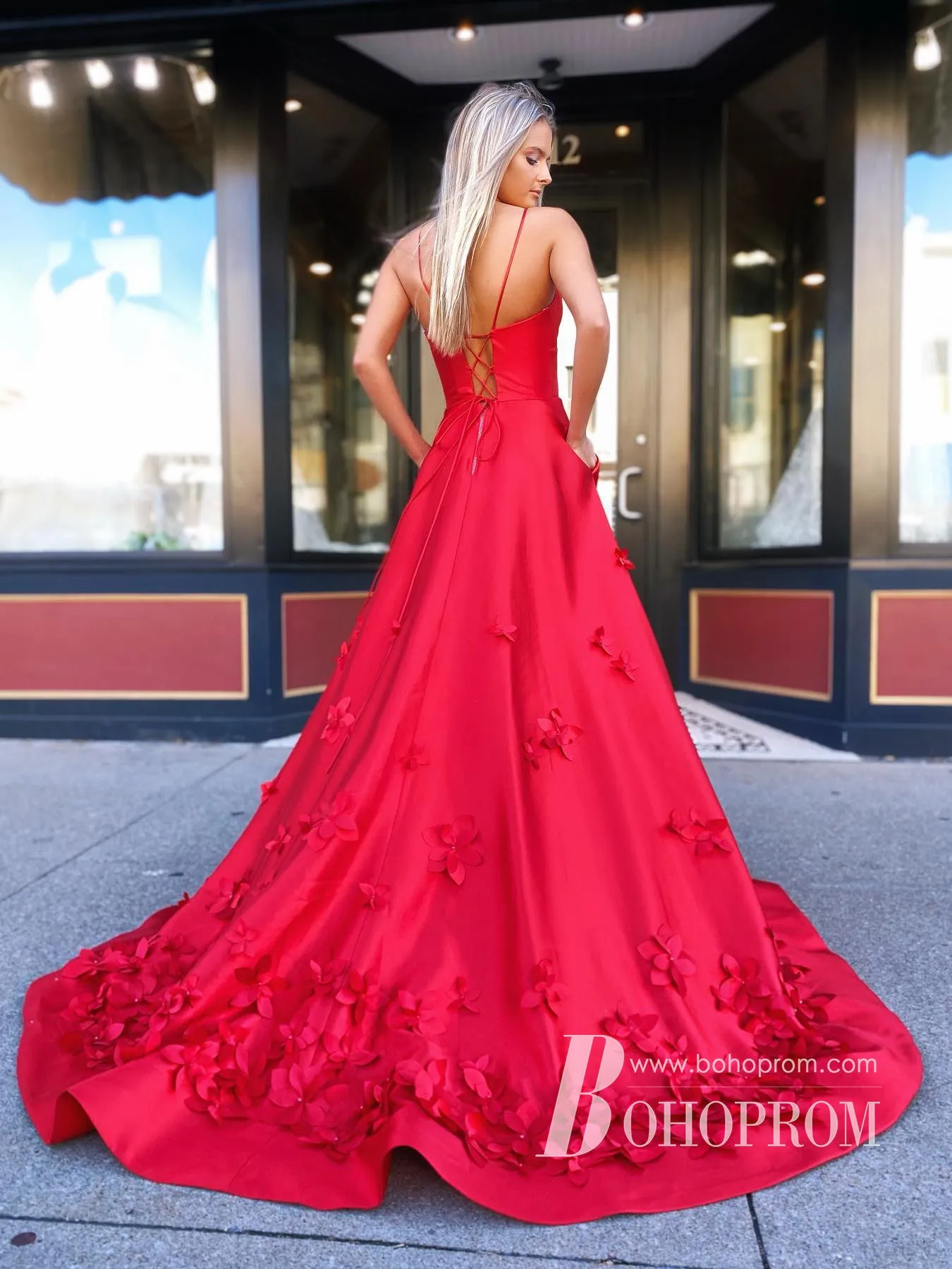 Charming Spaghetti Straps 3D Appliques A-line Satin Long Prom Dresses PD828