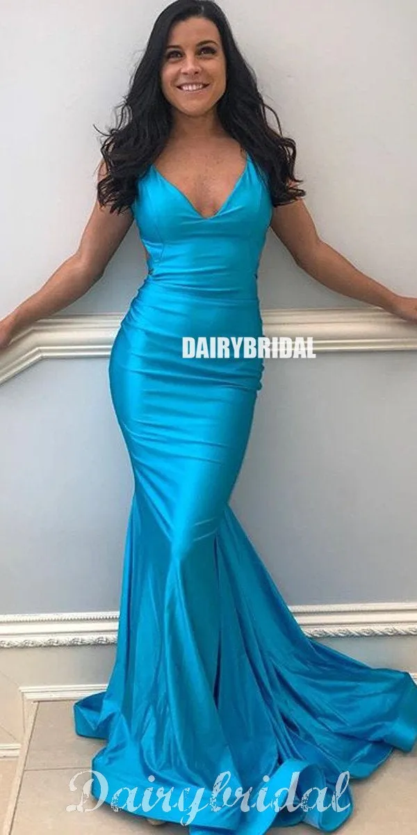 Charming V-neck Sexy Mermaid Backless Long Prom Dresses, FC3784