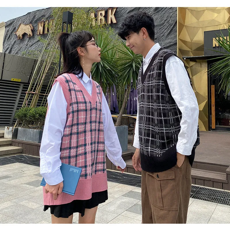 College style couple Acrylic yarn knitwear plaid vest loose fit oversize pullover Streetwear