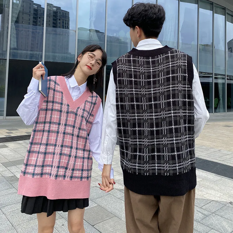 College style couple Acrylic yarn knitwear plaid vest loose fit oversize pullover Streetwear