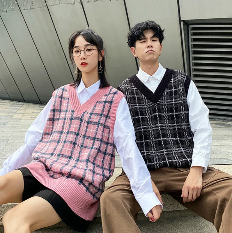 College style couple Acrylic yarn knitwear plaid vest loose fit oversize pullover Streetwear