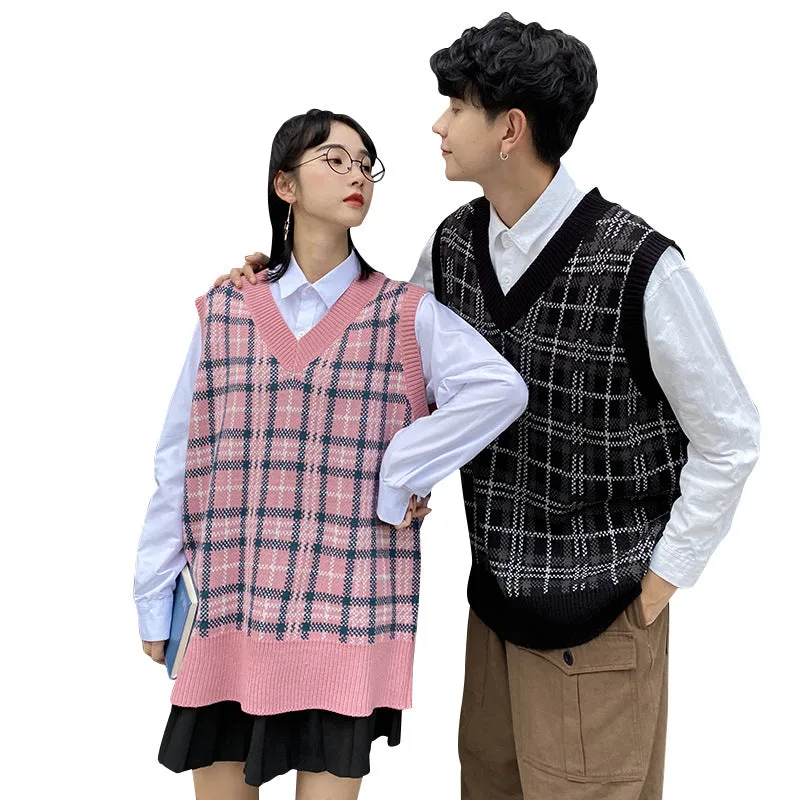 College style couple Acrylic yarn knitwear plaid vest loose fit oversize pullover Streetwear