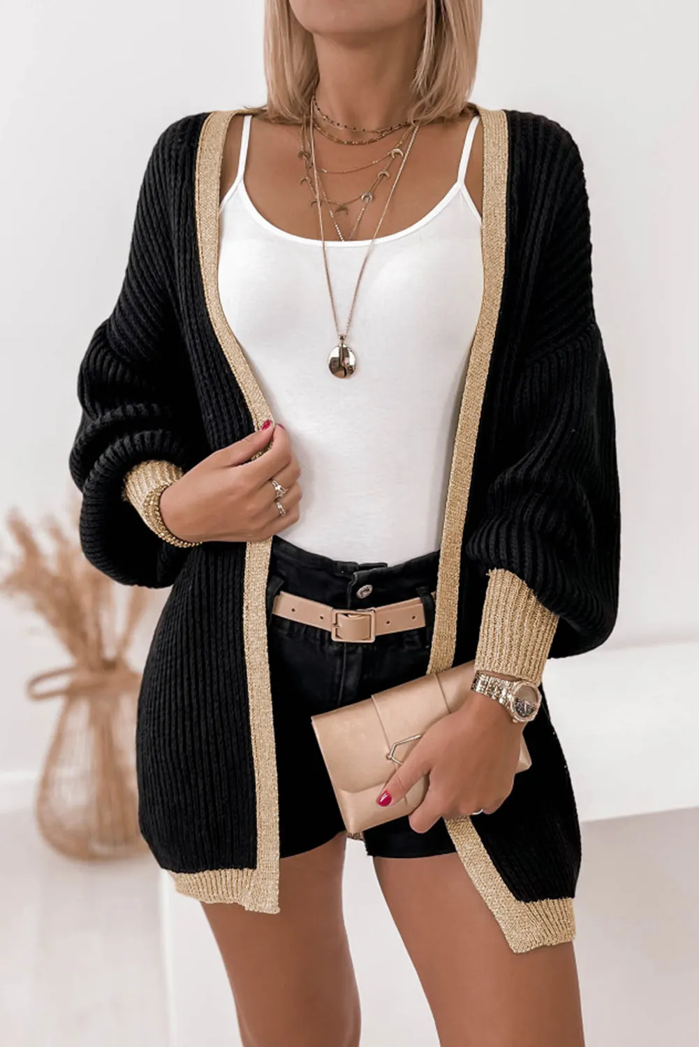 Contrast Trim Open Front Lantern Sleeves Cardigan