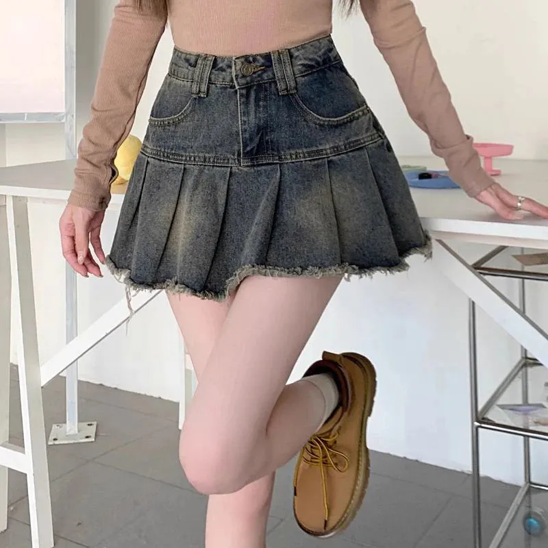 Distressed Pleated Denim Mini Skirt