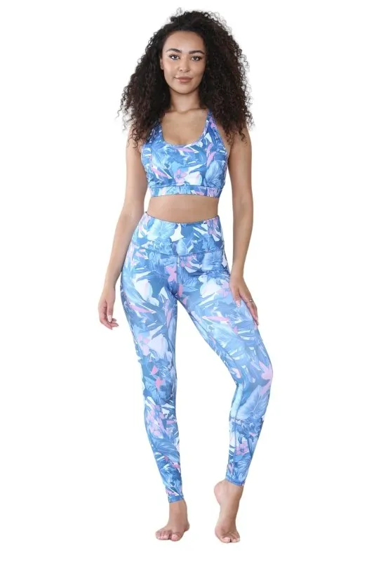 Elaina Fashion Women’s 2 Piece Blue Floral Leaf Print Seamless Activewear Workout Set Racer Criss Cross Sports Bra, High Waist Leggings Tracksuit Gym Leisure