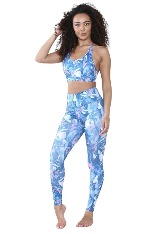 Elaina Fashion Women’s 2 Piece Blue Floral Leaf Print Seamless Activewear Workout Set Racer Criss Cross Sports Bra, High Waist Leggings Tracksuit Gym Leisure