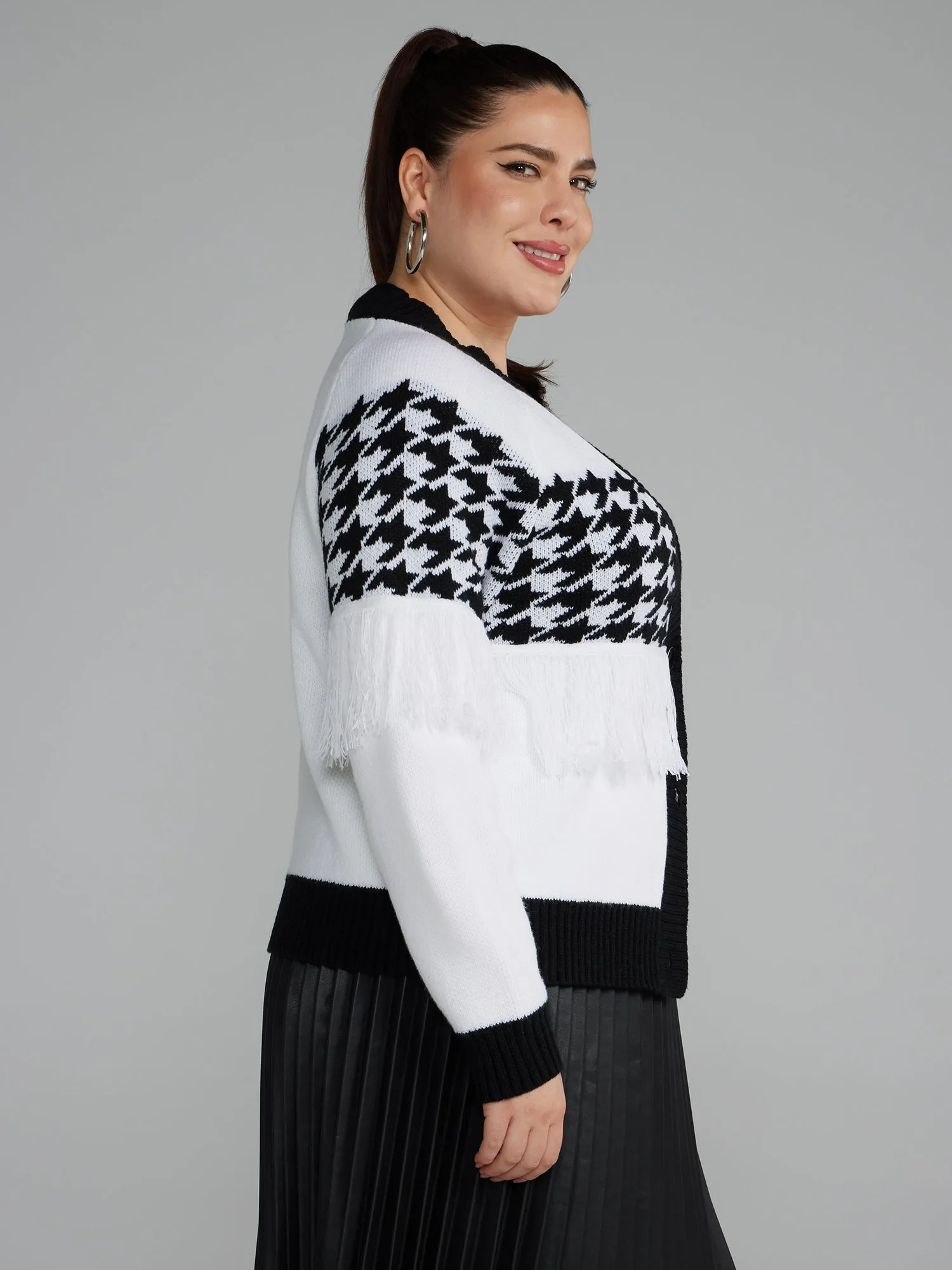 Fashion To Figure - Houndstooth Fringe Detail Cardigan