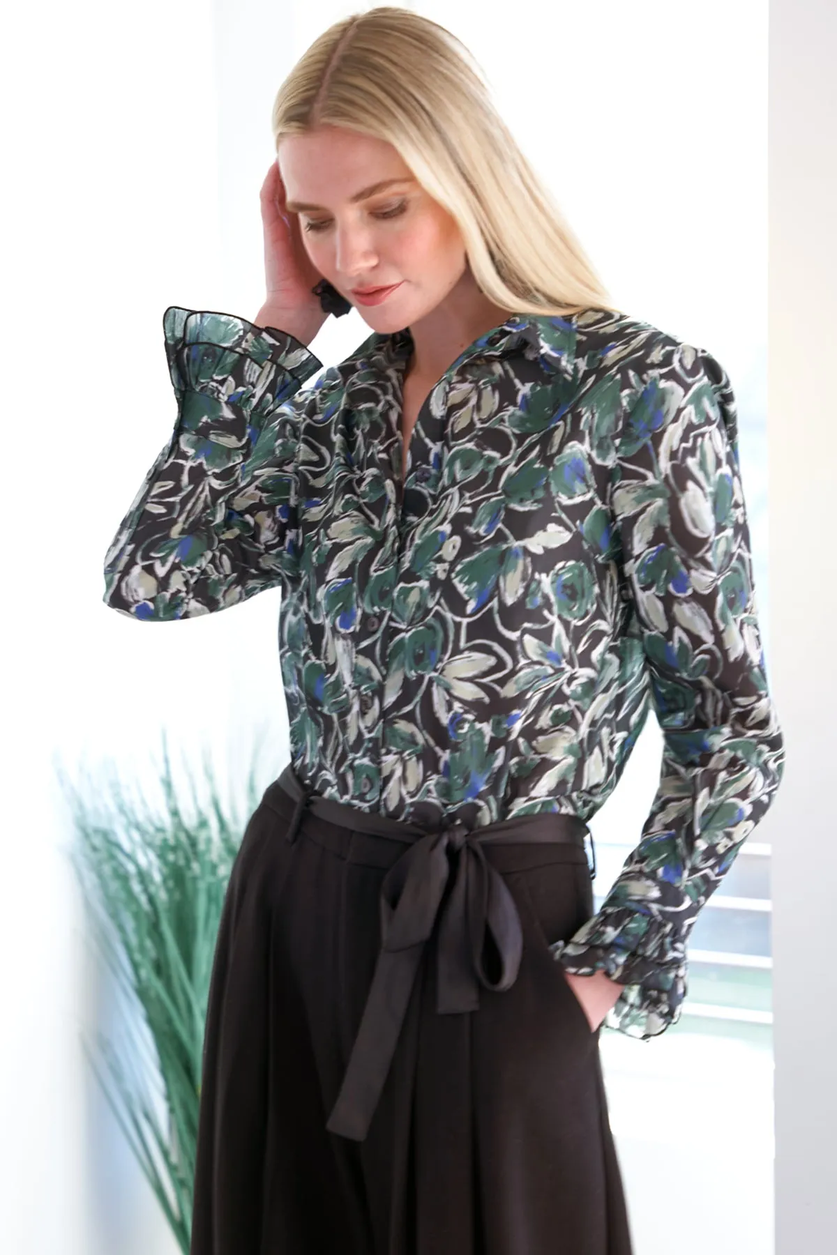 Finley Shirts Marianne Wintergreen Foliage Shirt 3508074F | Olive/Black/White | Clearance Final Sale