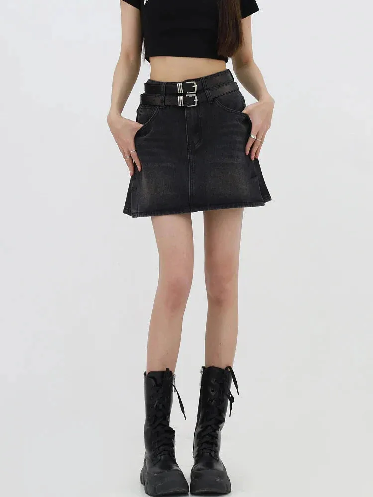 Grunge Double Belt Loop Denim Mini Skirt