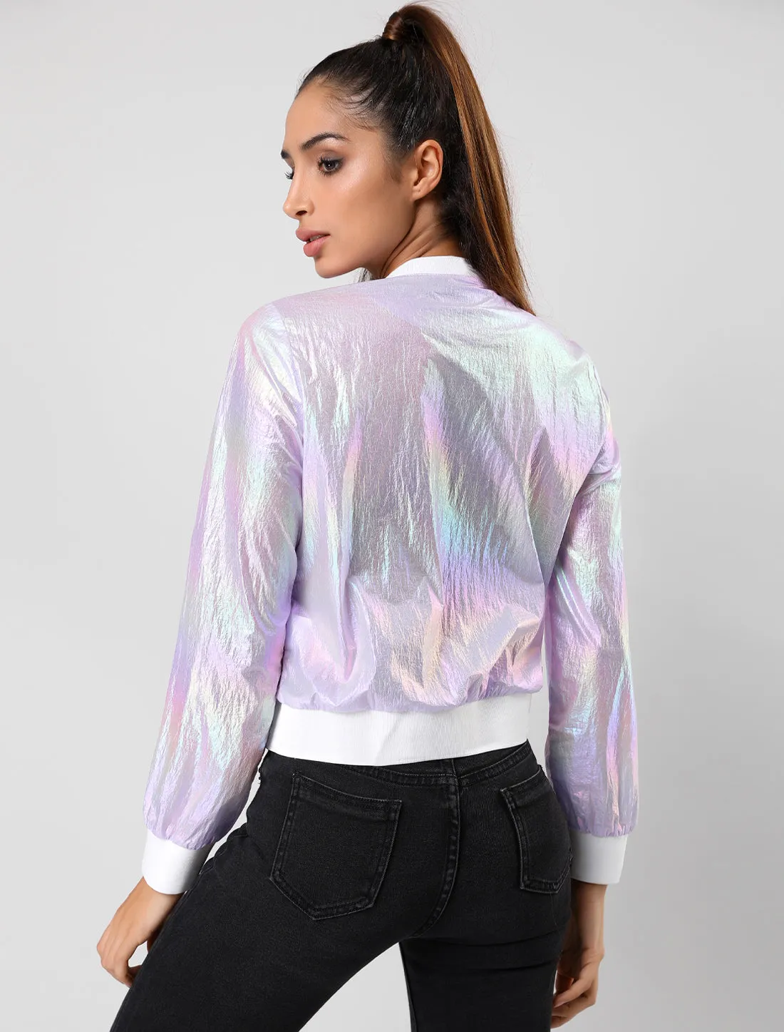 Holographic Shimmering Metallic Lightweight Bomber Jacket